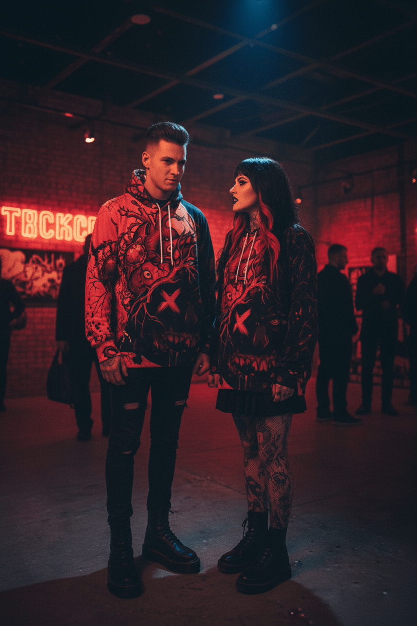 Hoodie — Red Gothic Heart Skull All-Over Print StreetwearEmber Spirit Apparel