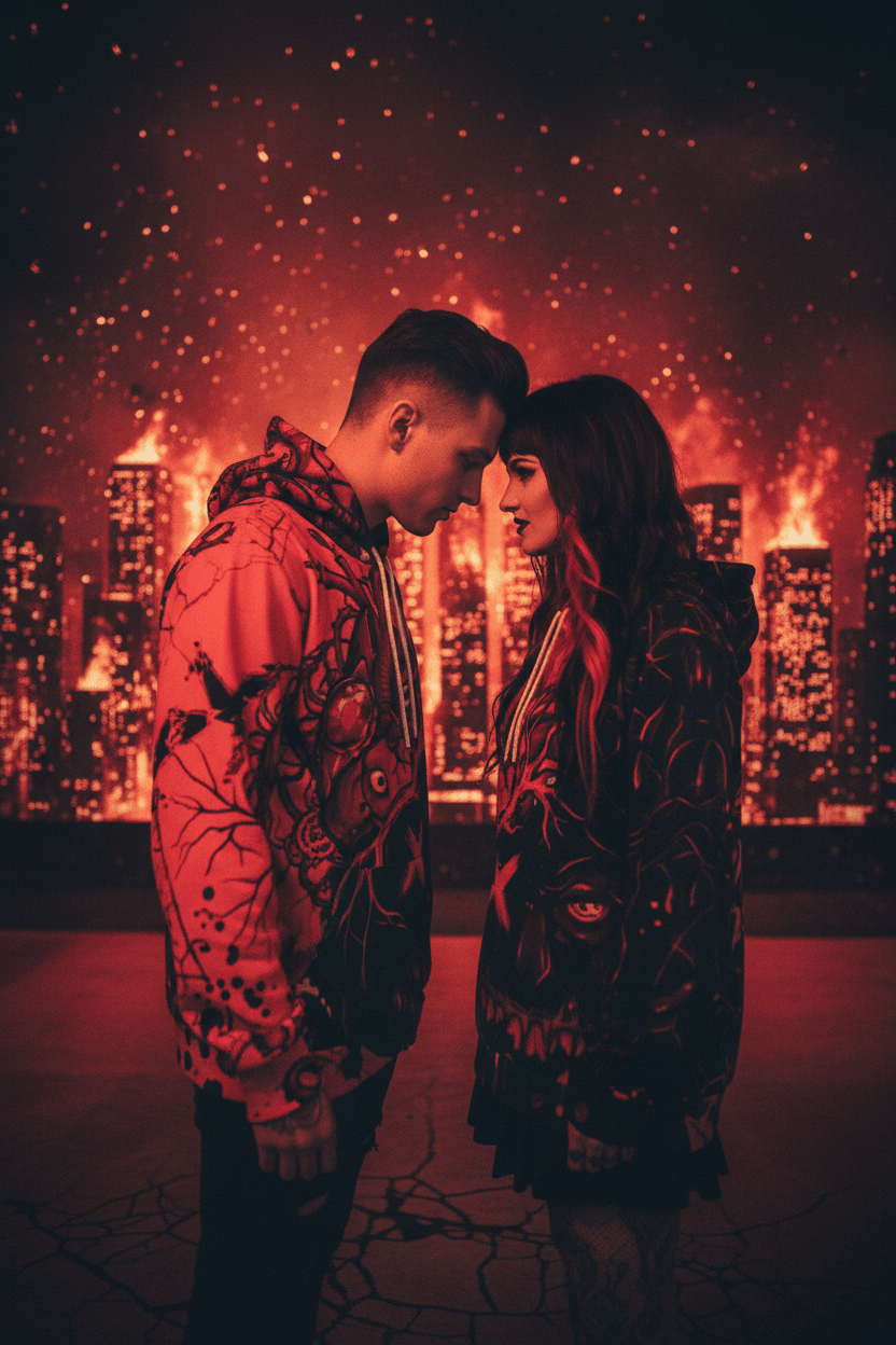 Hoodie — Red Gothic Heart Skull All-Over Print StreetwearEmber Spirit Apparel