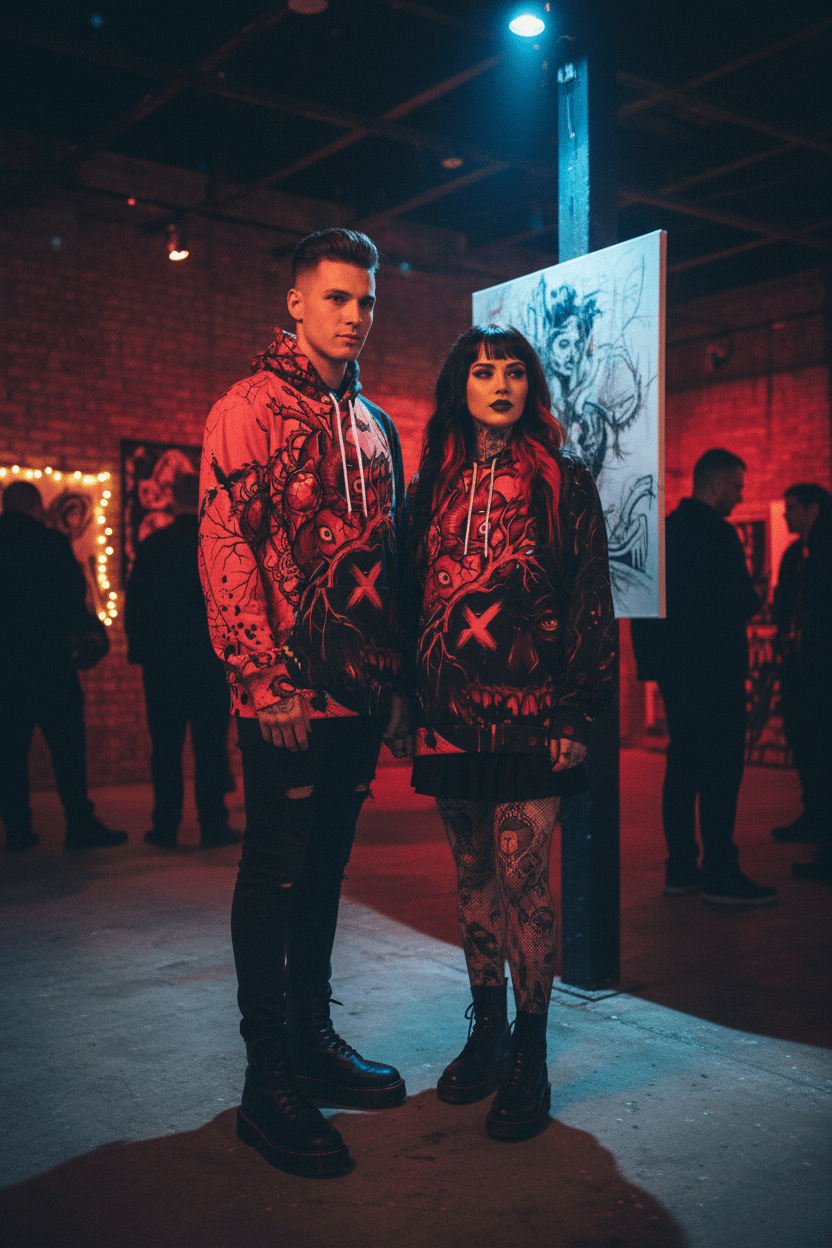 Hoodie — Red Gothic Heart Skull All - Over Print StreetwearEmber Spirit Apparel