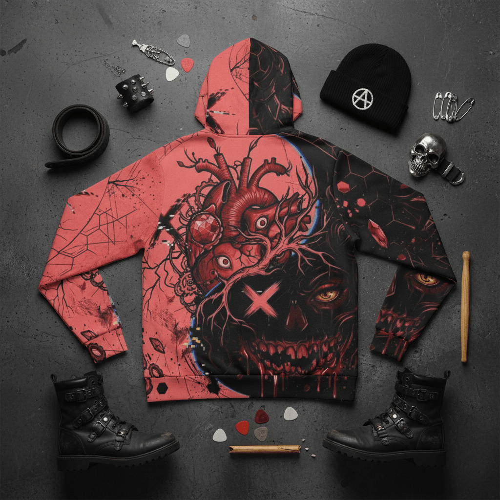 Hoodie — Red Gothic Heart Skull All - Over Print StreetwearEmber Spirit Apparel