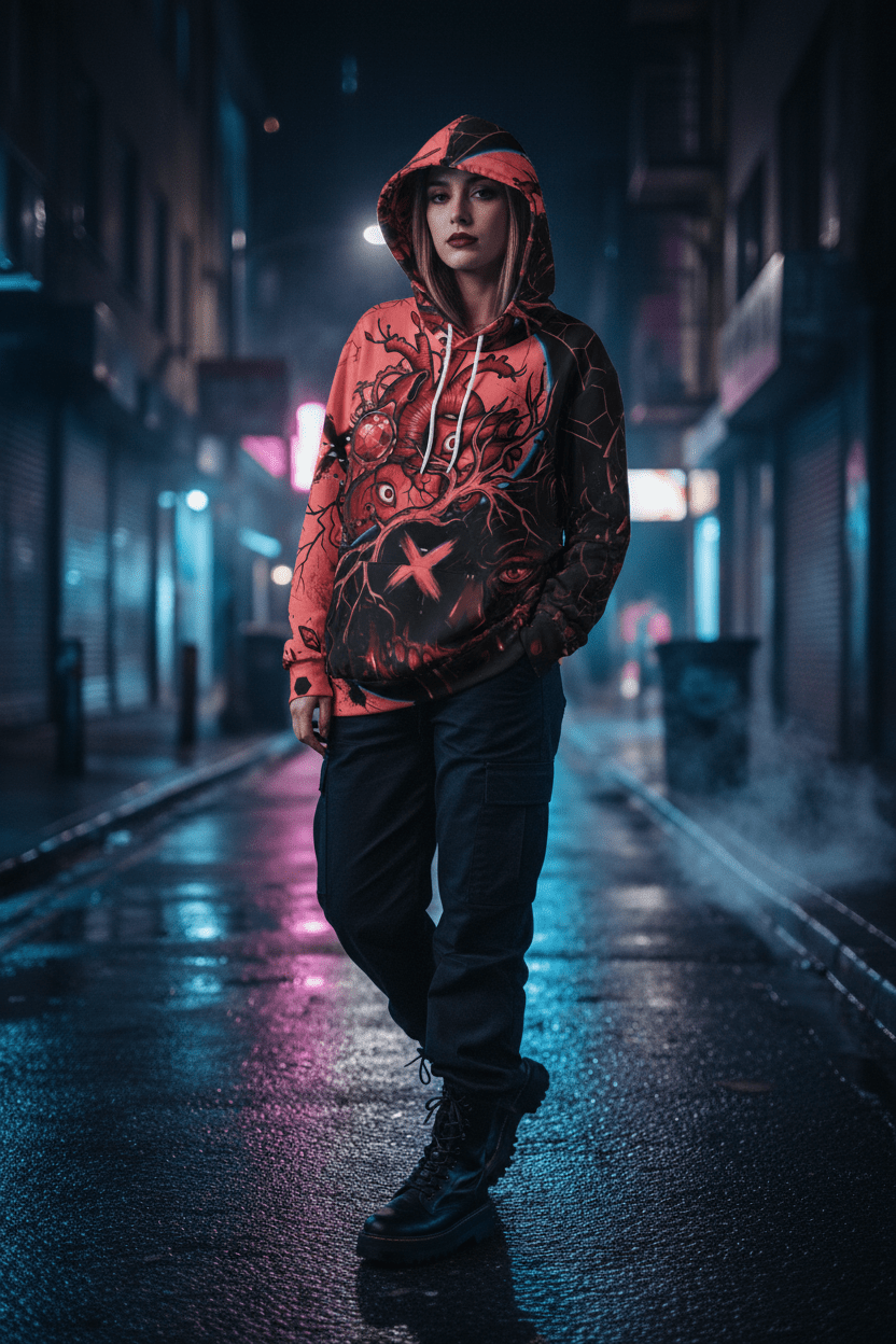 Hoodie — Red Gothic Heart Skull All - Over Print StreetwearEmber Spirit Apparel