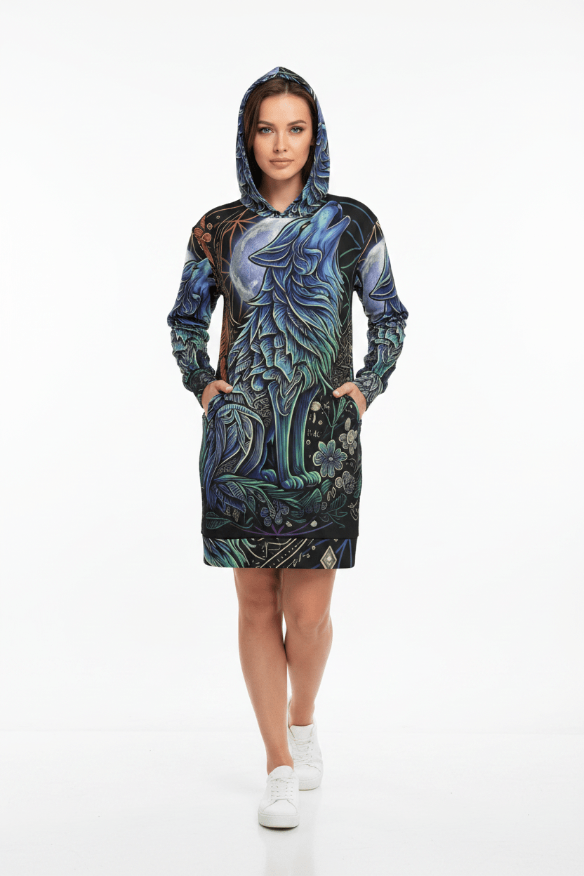 Howling Moon Wolf Hoodie Dress — Women's All - Over Print Cozy Dress HoodieEmber Spirit Apparel