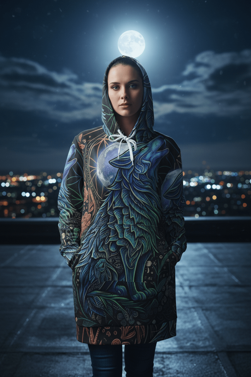 Howling Moon Wolf Hoodie Dress — Women's All - Over Print Cozy Dress HoodieEmber Spirit Apparel