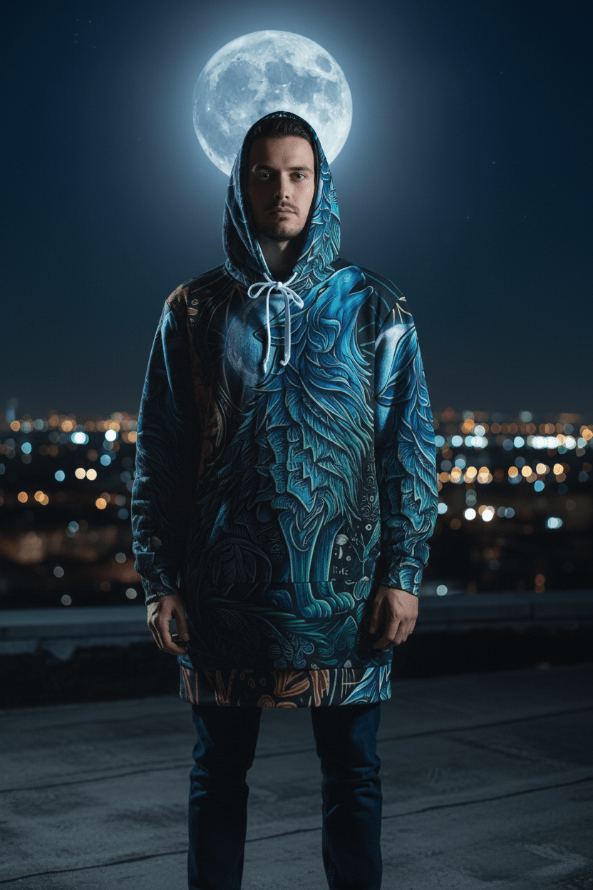 Howling Moon Wolf Hoodie Dress — Women's All - Over Print Cozy Dress HoodieEmber Spirit Apparel