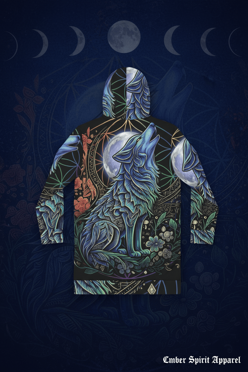 Howling Moon Wolf Hoodie Dress — Women's All - Over Print Cozy Dress HoodieEmber Spirit Apparel