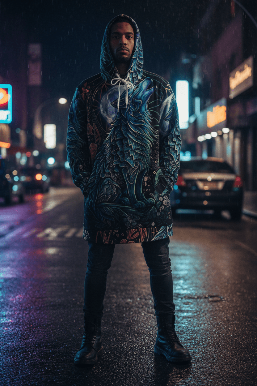 Howling Moon Wolf Hoodie Dress — Women's All - Over Print Cozy Dress HoodieEmber Spirit Apparel