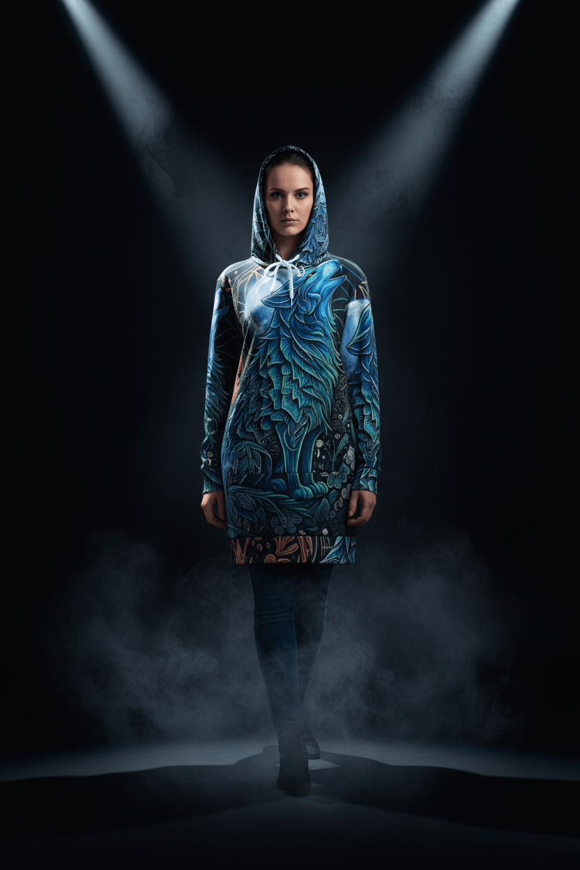 Howling Moon Wolf Hoodie Dress — Women's All - Over Print Cozy Dress HoodieEmber Spirit Apparel