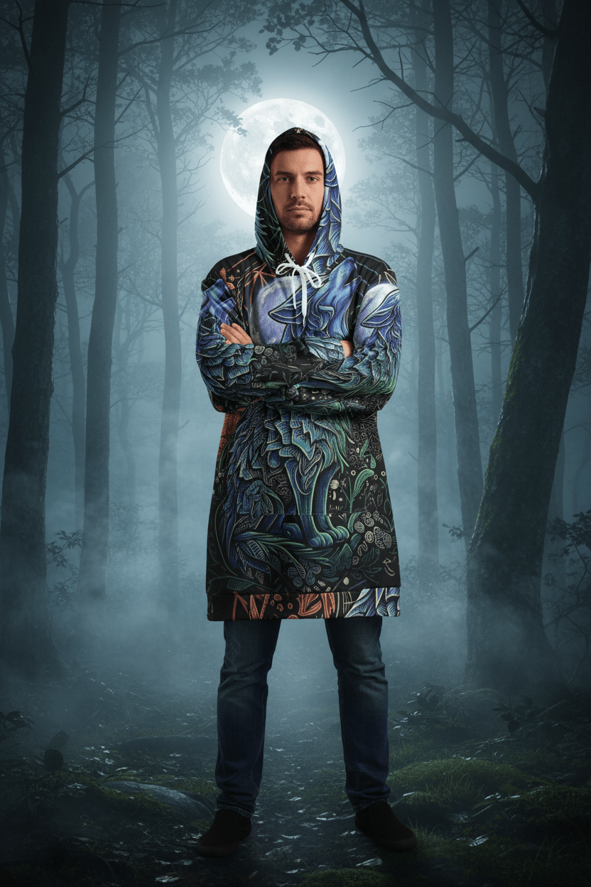 Howling Moon Wolf Hoodie Dress — Women's All - Over Print Cozy Dress HoodieEmber Spirit Apparel