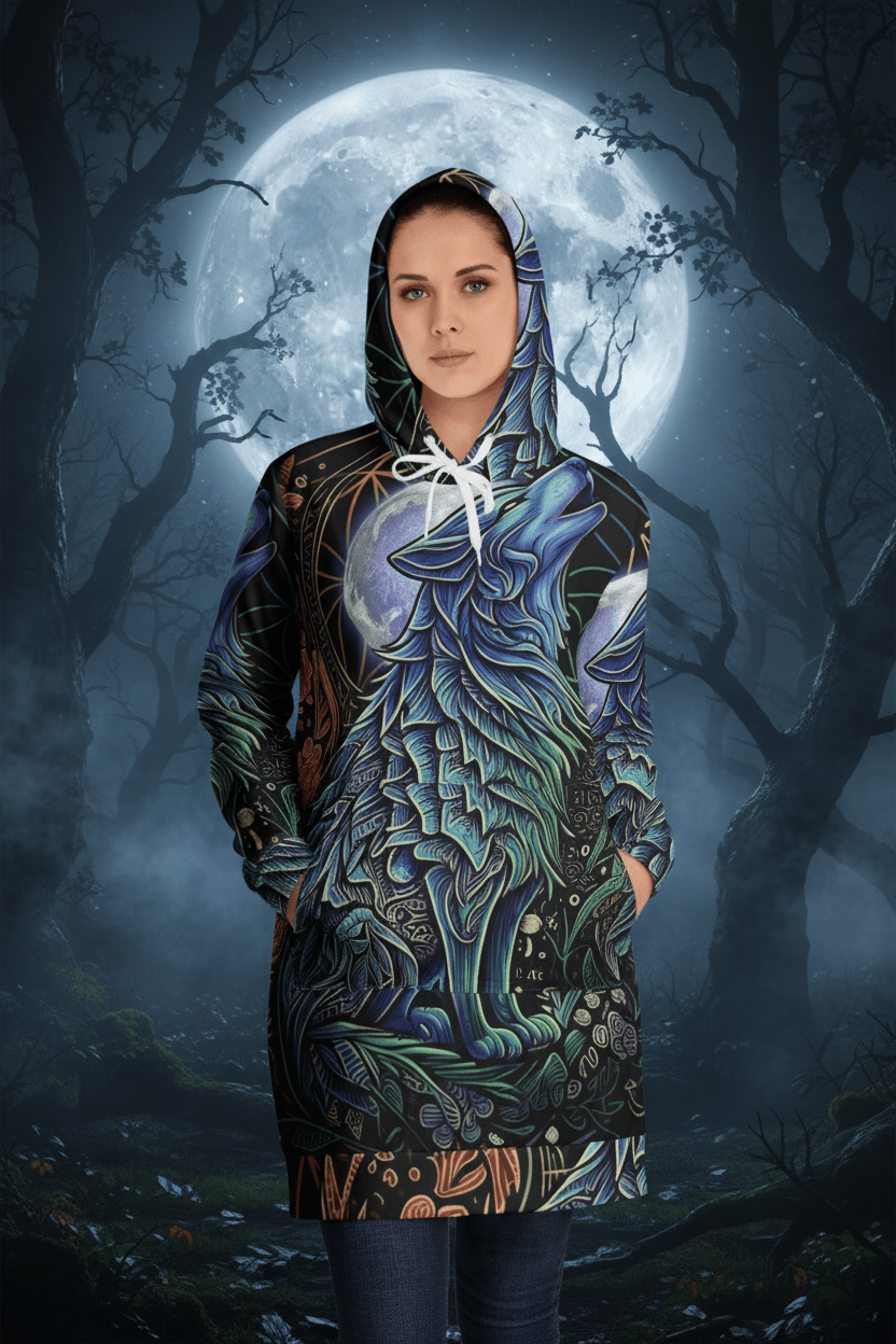 Howling Moon Wolf Hoodie Dress — Women's All - Over Print Cozy Dress HoodieEmber Spirit Apparel