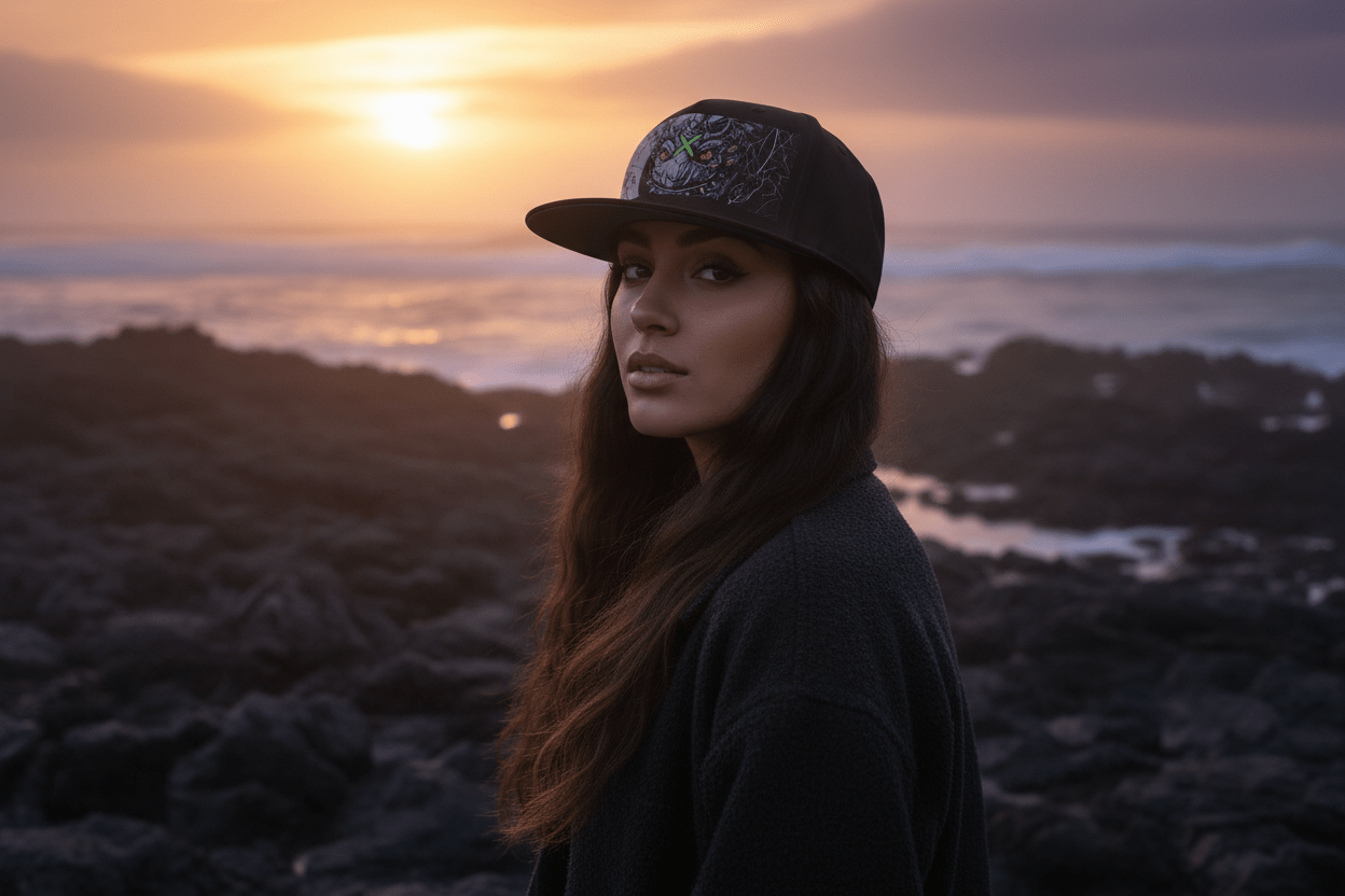Icy Blue Yin Yang Flat Bill Cap — Balance of Cold & Heat EmbroideredEmber Spirit Apparel