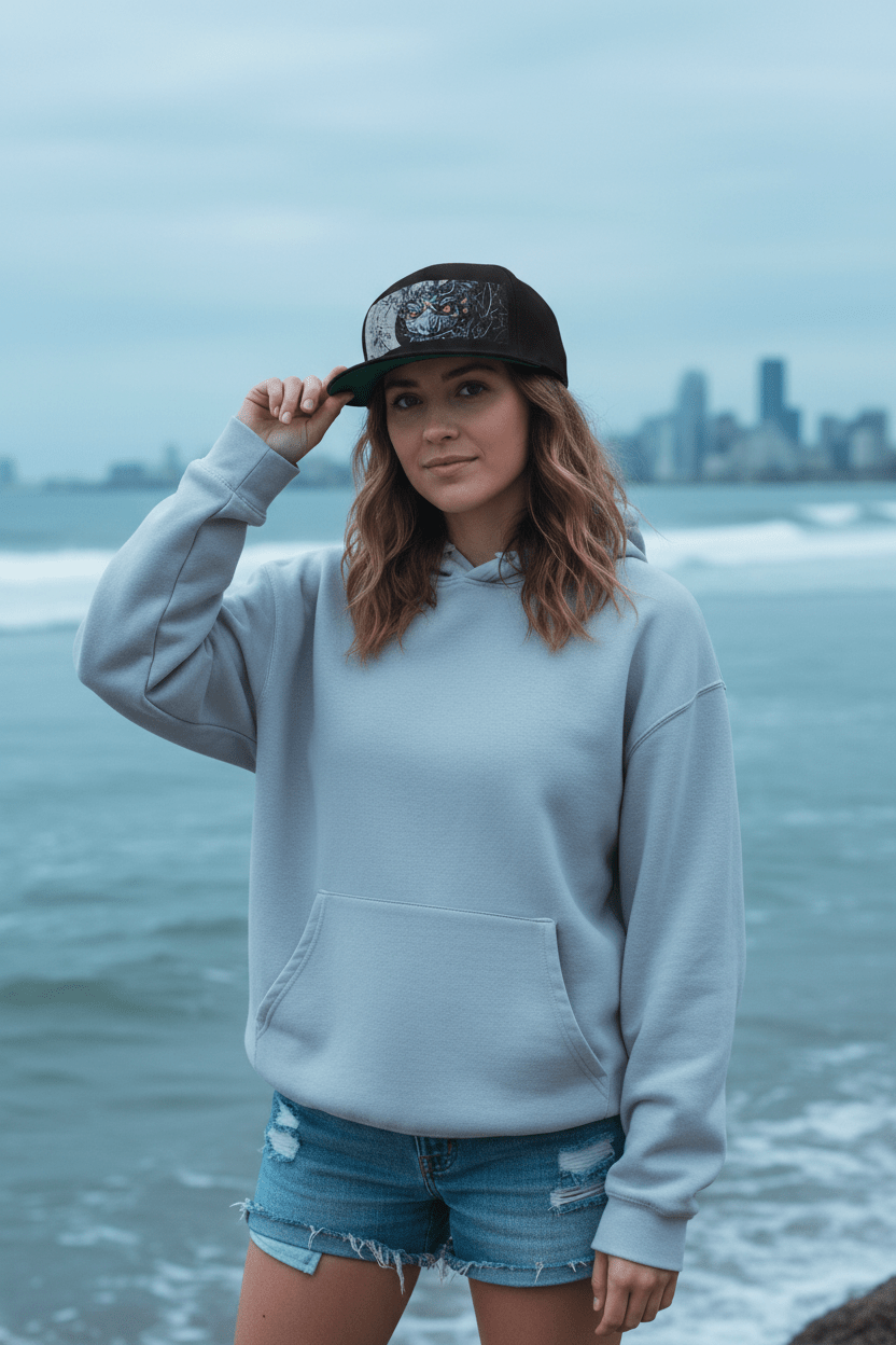 Icy Blue Yin Yang Flat Bill Cap — Balance of Cold & Heat EmbroideredEmber Spirit Apparel