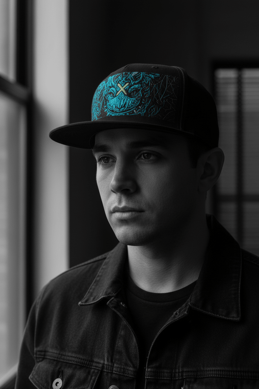 Icy Blue Yin Yang Flat Bill Cap — Balance of Cold & Heat EmbroideredEmber Spirit Apparel