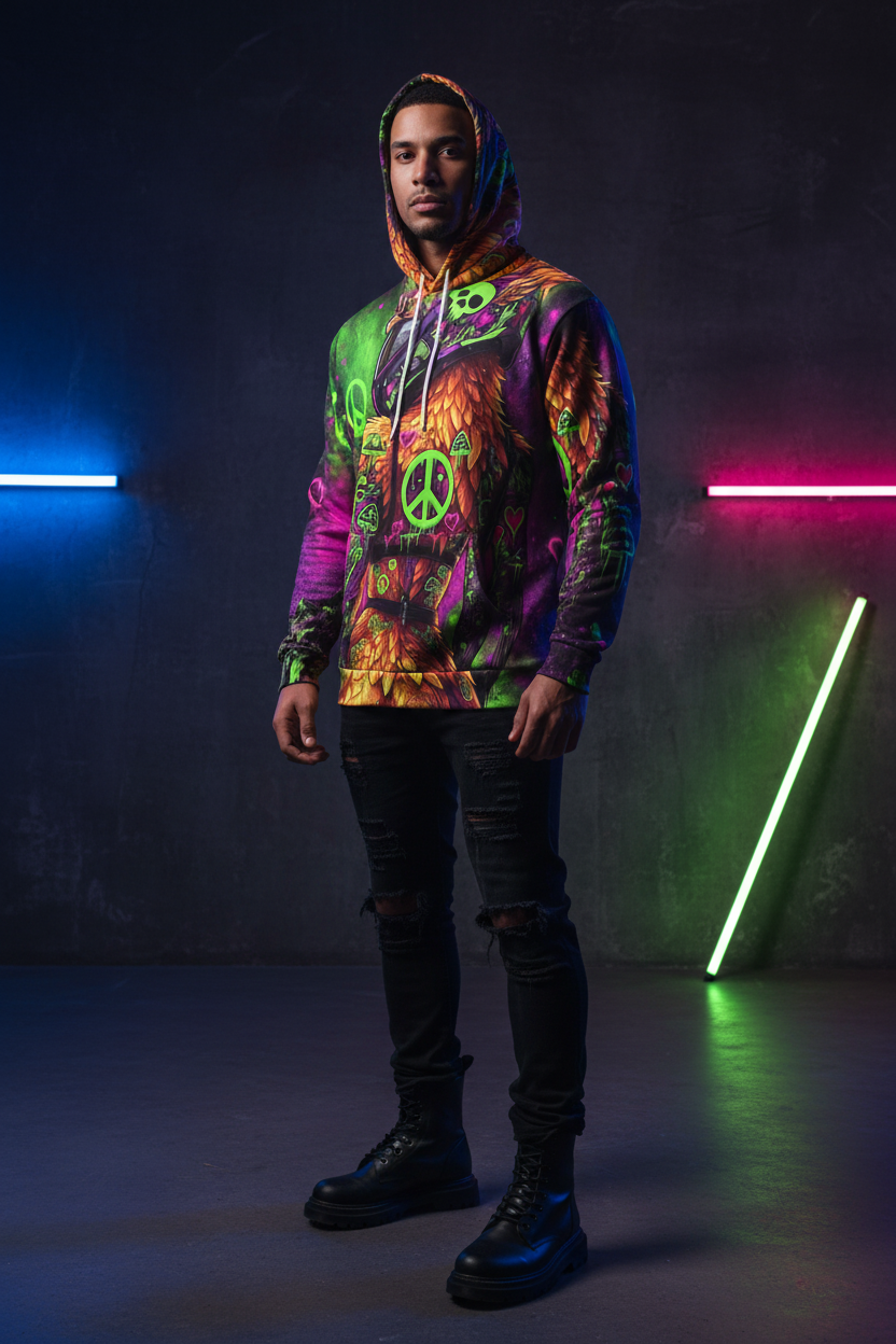 Neon Psychedelic Phoniex Hoodie — Ember Spirit Apparel Peace Skull Design