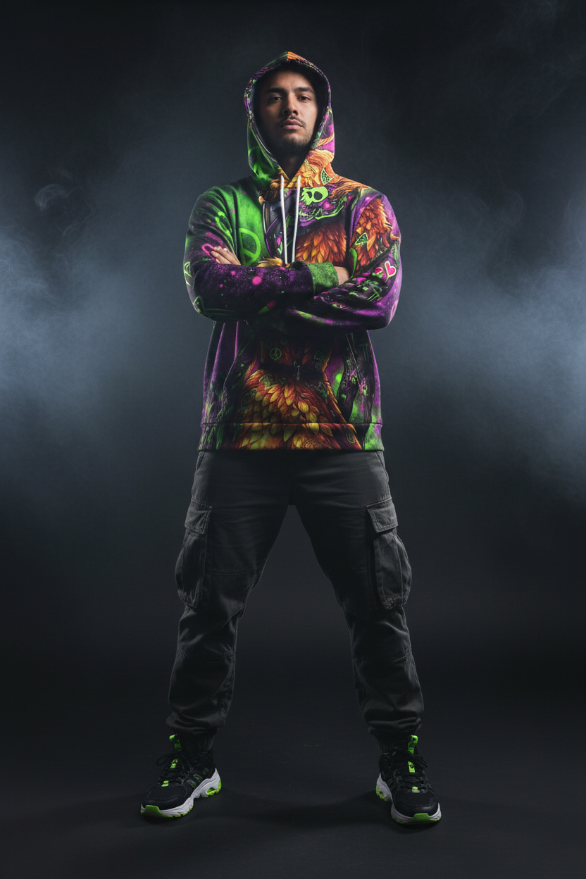 Neon Psychedelic Phoniex Hoodie — Ember Spirit Apparel Peace Skull Design