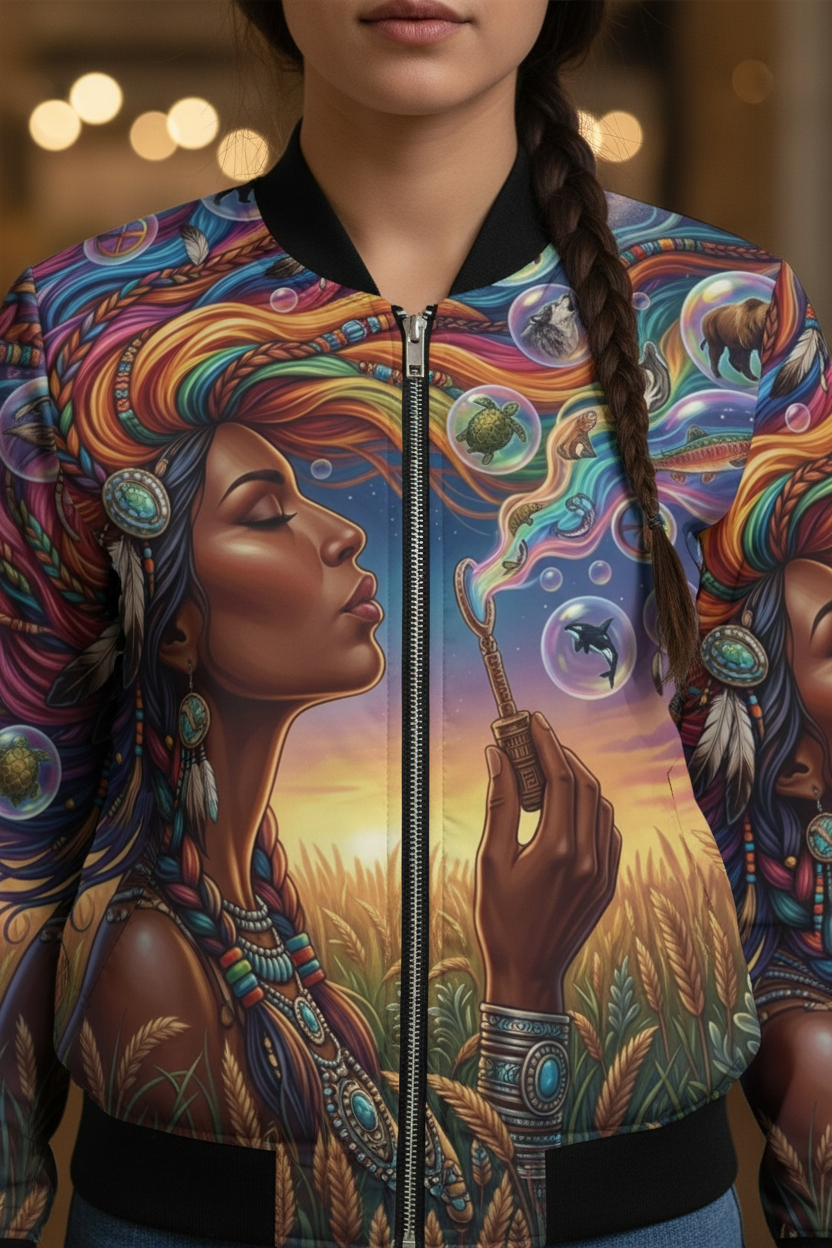 Native Women Spreading Seeds Of Knowledge Women's Bomber Jacket (AOP)