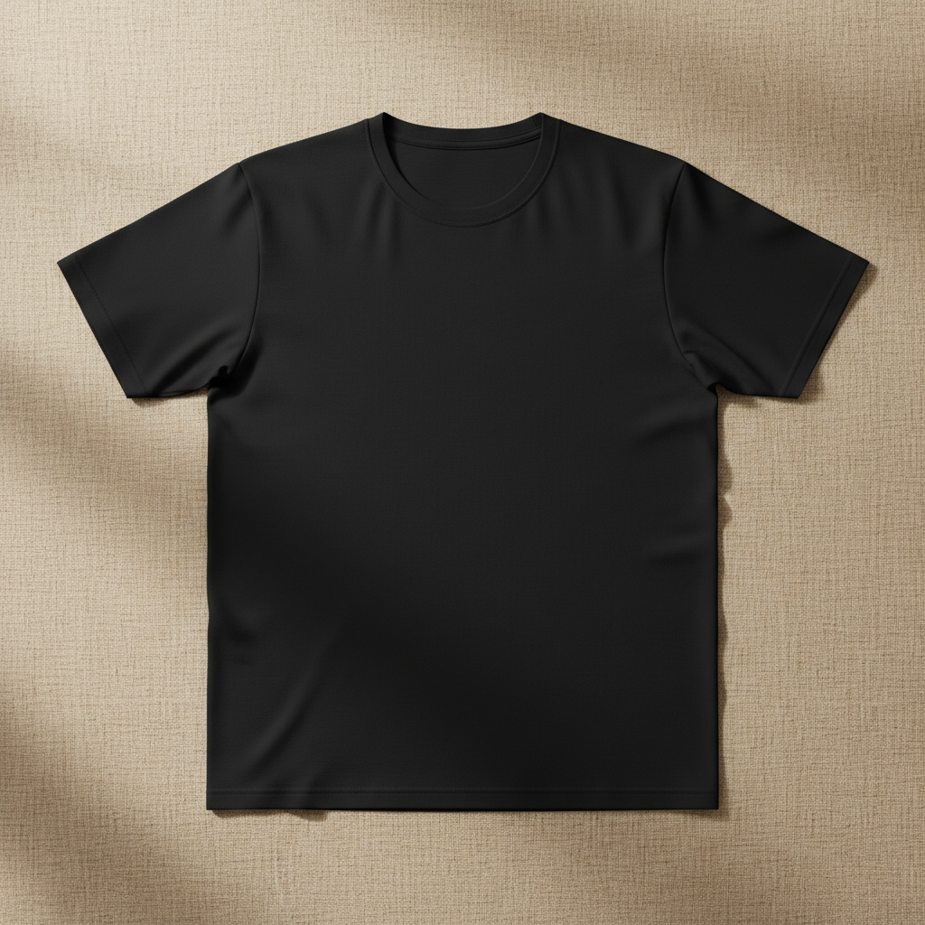 Black unisex t-shirt front flat lay mockup on beige linen background