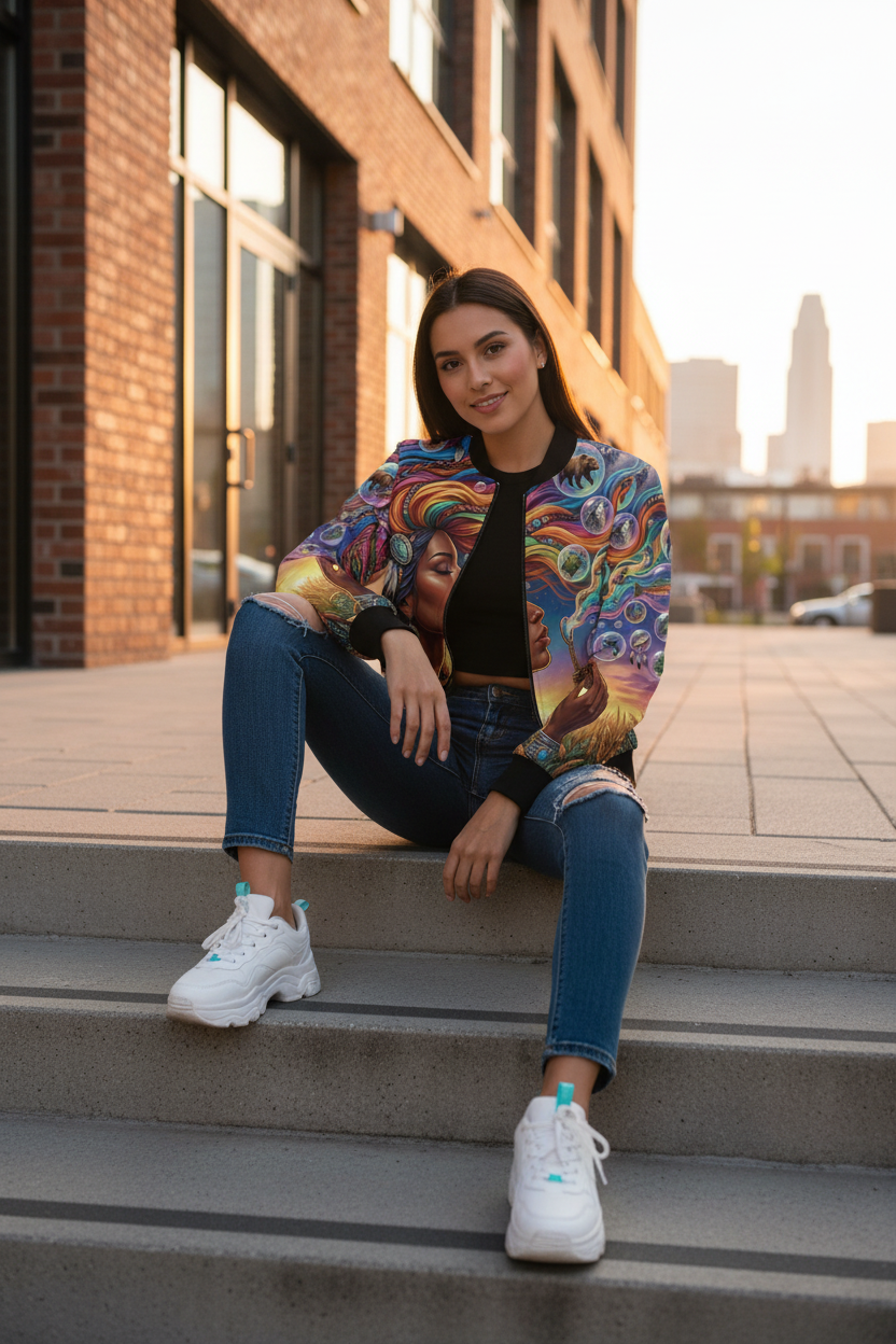 Native Women Spreading Seeds Of Knowledge Women's Bomber Jacket (AOP)