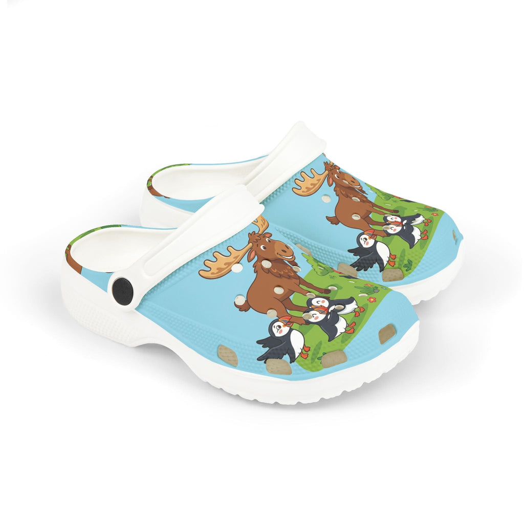 Kids Foam Clogs — Cute Moose & Puffin All - Over Print (Blue)Ember Spirit Apparel
