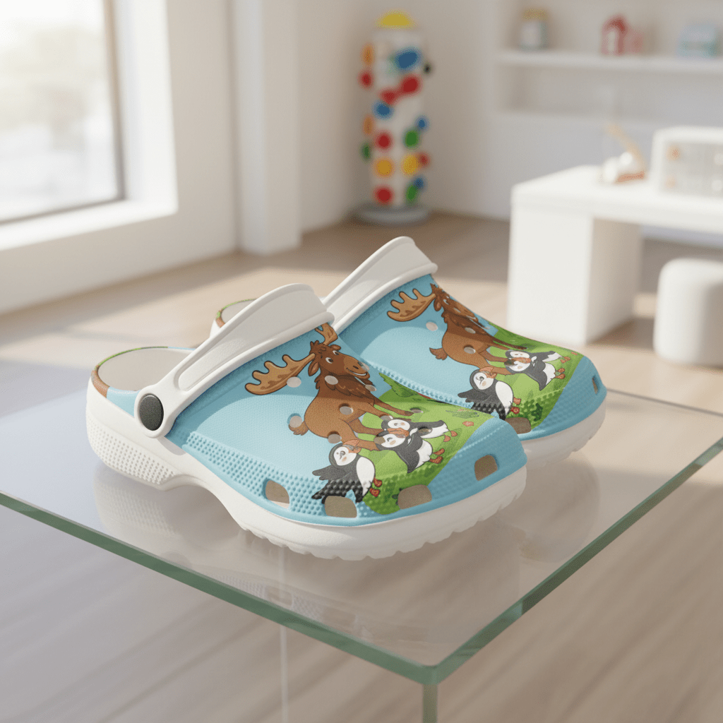 Kids Foam Clogs — Cute Moose & Puffin All - Over Print (Blue).Ember Spirit Apparel