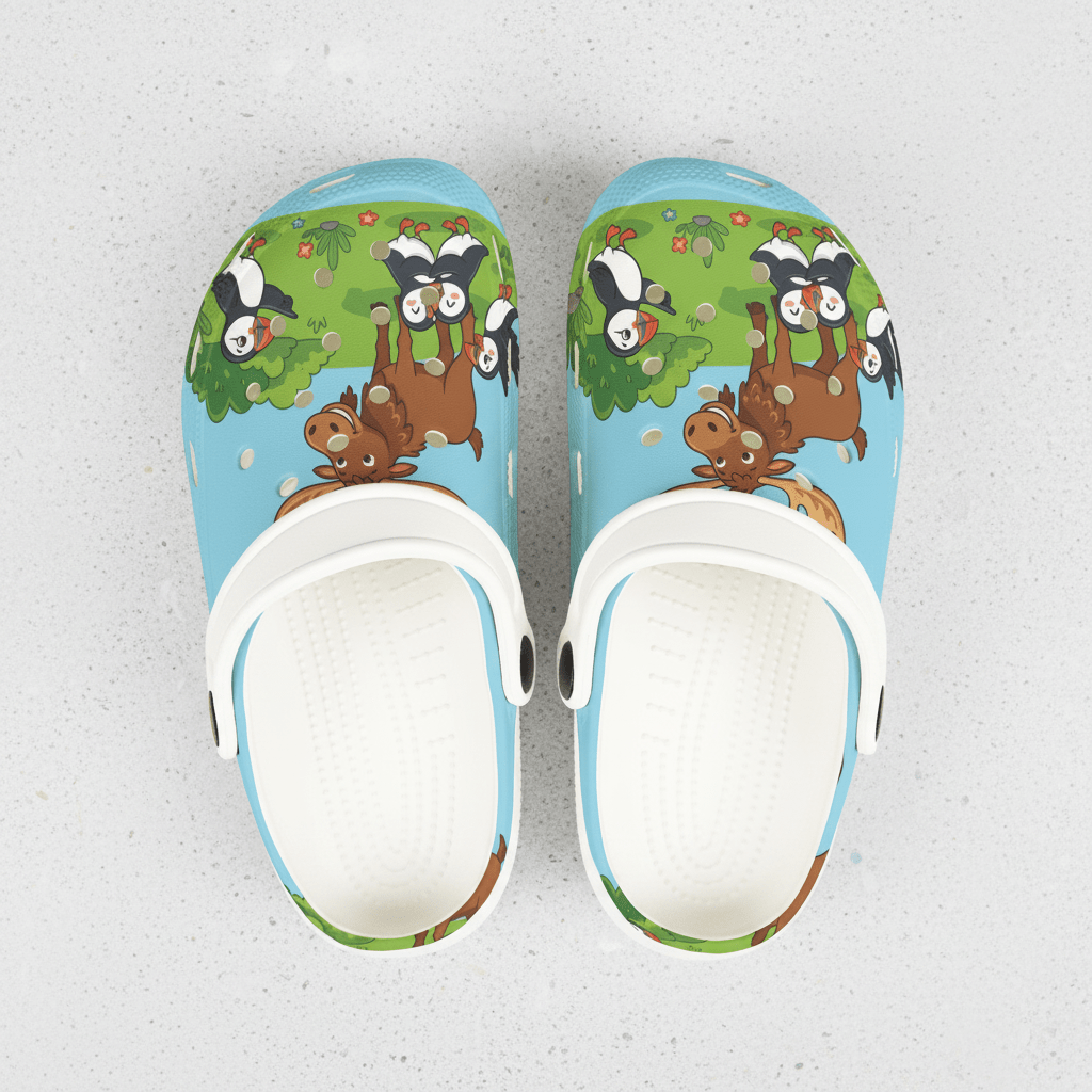Kids Foam Clogs — Cute Moose & Puffin All - Over Print (Blue).Ember Spirit Apparel