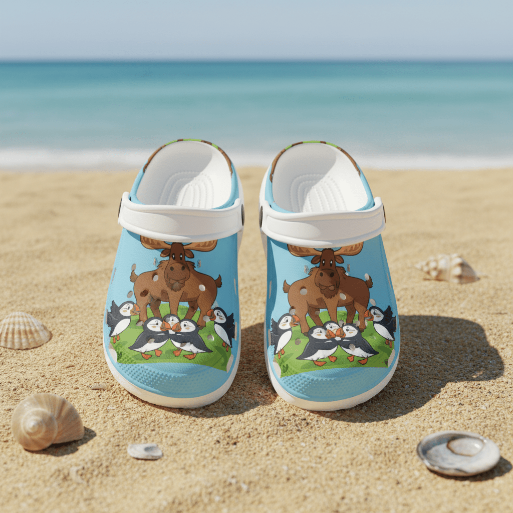 Kids Foam Clogs — Cute Moose & Puffin All - Over Print (Blue).Ember Spirit Apparel