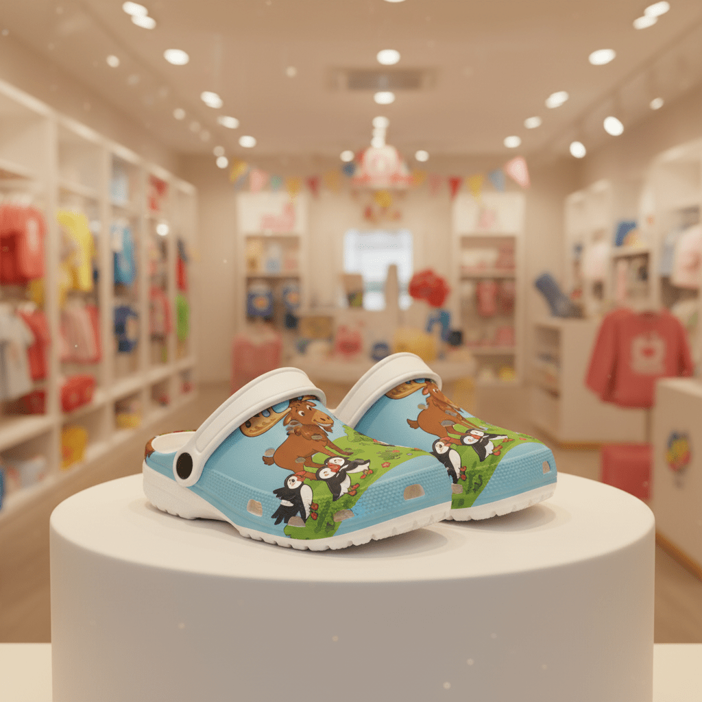 Kids Foam Clogs — Cute Moose & Puffin All - Over Print (Blue).Ember Spirit Apparel