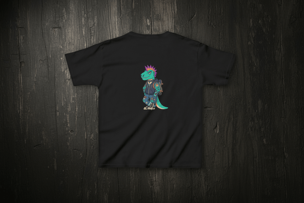 Kids T-Shirt — Punk Dinosaur Graphic Tee (Colorful Mohawk Dino Back & Front)Ember Spirit Apparel
