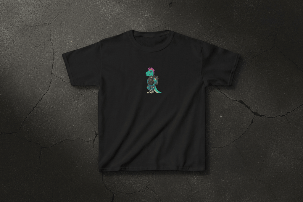 Kids T-Shirt — Punk Dinosaur Graphic Tee (Colorful Mohawk Dino Back & Front)Ember Spirit Apparel
