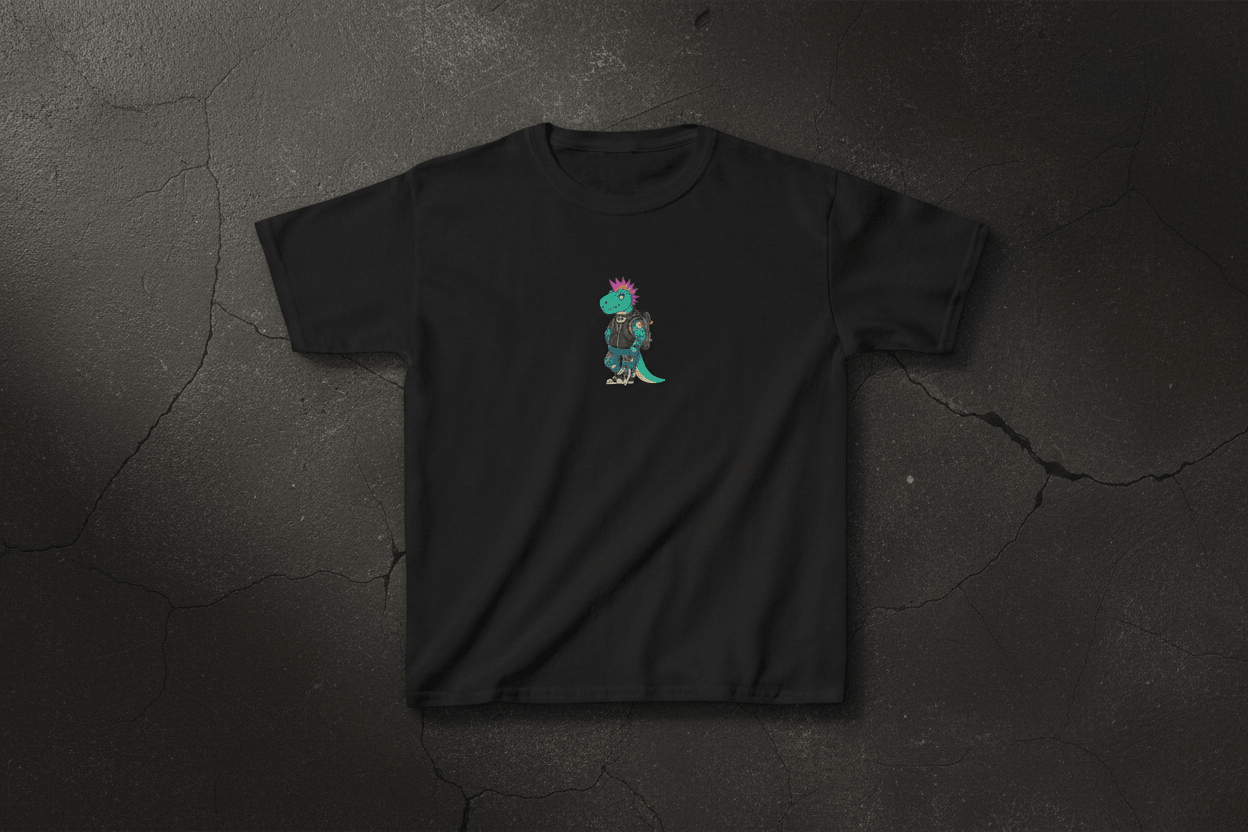 Kids T-Shirt — Punk Dinosaur Graphic Tee (Colorful Mohawk Dino Back & Front)Ember Spirit Apparel