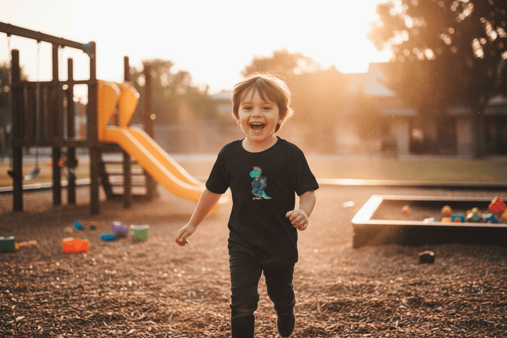 Kids T-Shirt — Punk Dinosaur Graphic Tee (Colorful Mohawk Dino Back & Front)Ember Spirit Apparel