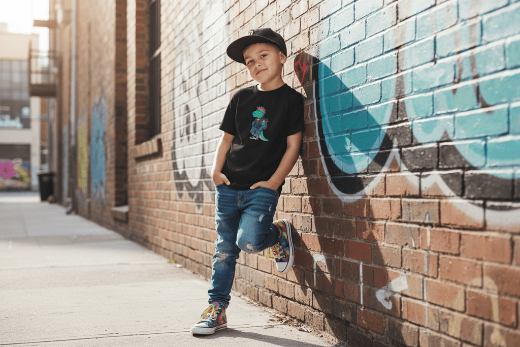 Kids T-Shirt — Punk Dinosaur Graphic Tee (Colorful Mohawk Dino Back & Front)Ember Spirit Apparel