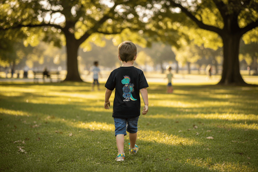 Kids T-Shirt — Punk Dinosaur Graphic Tee (Colorful Mohawk Dino Back & Front)Ember Spirit Apparel