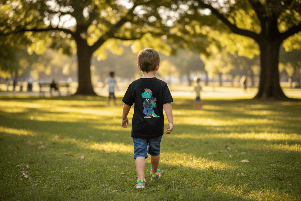 Kids T-Shirt — Punk Dinosaur Graphic Tee (Colorful Mohawk Dino Back & Front)Ember Spirit Apparel