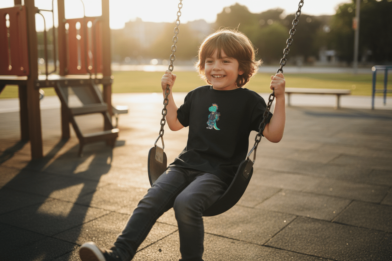 Kids T-Shirt — Punk Dinosaur Graphic Tee (Colorful Mohawk Dino Back & Front)Ember Spirit Apparel