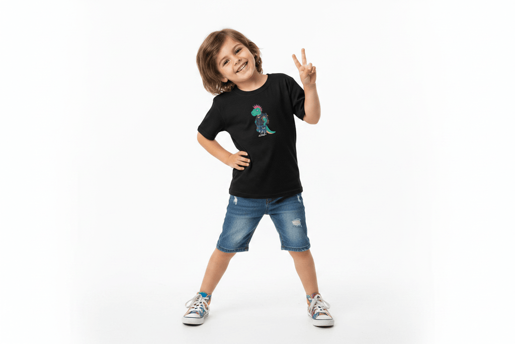 Kids T-Shirt — Punk Dinosaur Graphic Tee (Colorful Mohawk Dino Back & Front)Ember Spirit Apparel