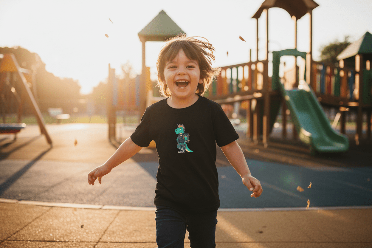 Kids T-Shirt — Punk Dinosaur Graphic Tee (Colorful Mohawk Dino Back & Front)Ember Spirit Apparel