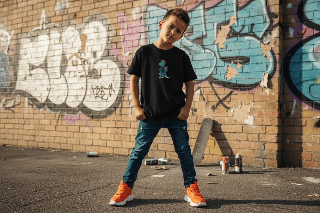 Kids T-Shirt — Punk Dinosaur Graphic Tee (Colorful Mohawk Dino Back & Front)Ember Spirit Apparel