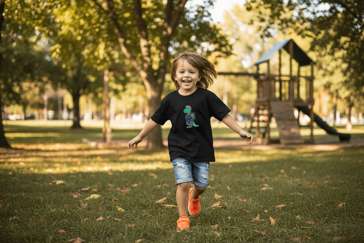 Kids T-Shirt — Punk Dinosaur Graphic Tee (Colorful Mohawk Dino Back & Front)Ember Spirit Apparel
