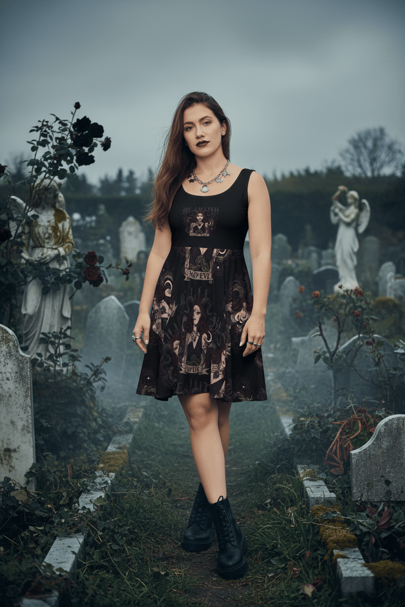 Goth grunge AOP dress detail — vivid print closeup — Ember Spirit Apparel