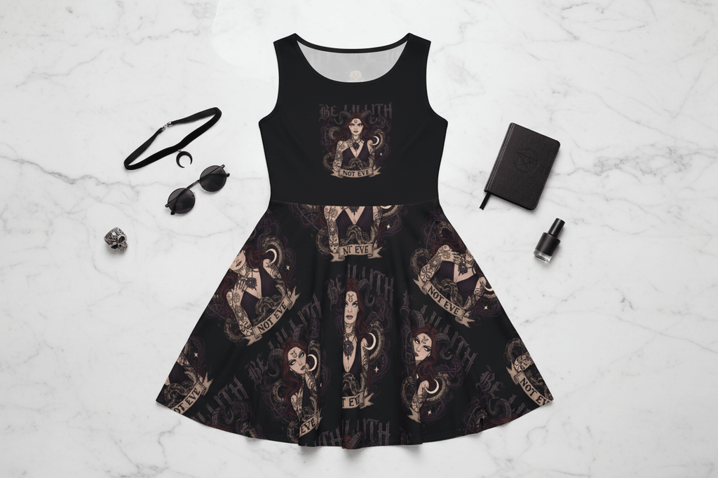 Lilith alternative skater dress — goth grunge all-over print — Ember Spirit Apparel
