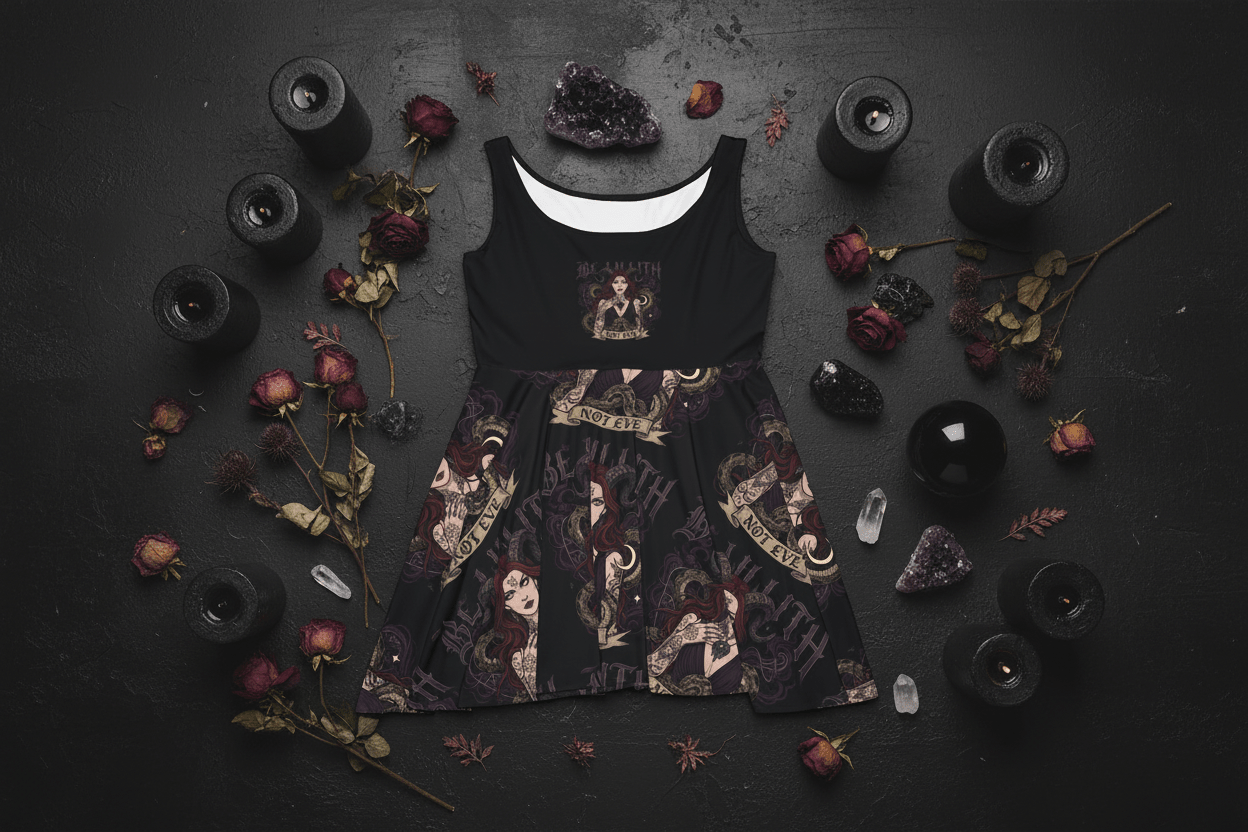 Alternative skater dress back view — asymmetrical hem — Ember Spirit Apparel