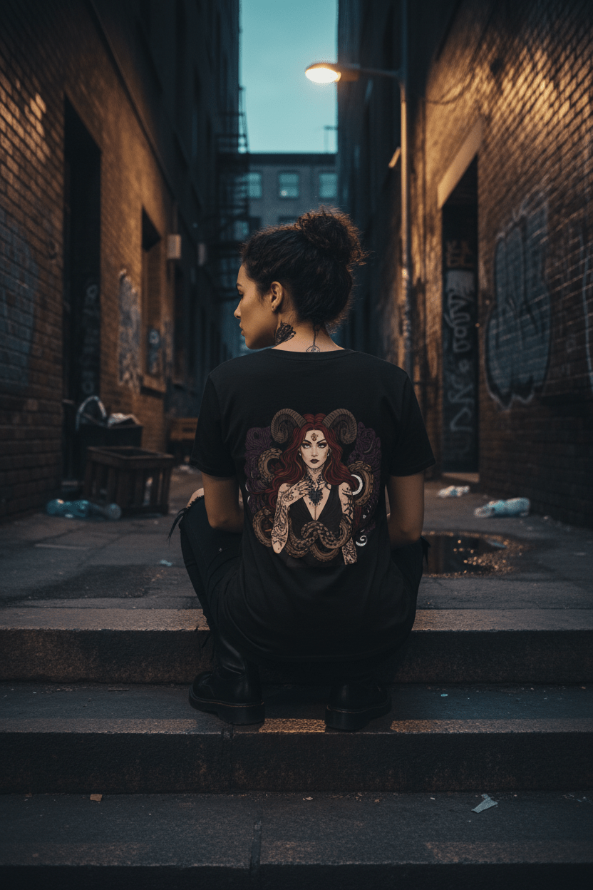 Lillith V - Neck Tee — “Beautiful Not Evil” Gothic Lillith Goddess ShirtEmber Spirit Apparel