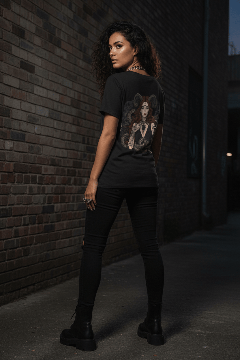 Lillith V - Neck Tee — “Beautiful Not Evil” Gothic Lillith Goddess ShirtEmber Spirit Apparel