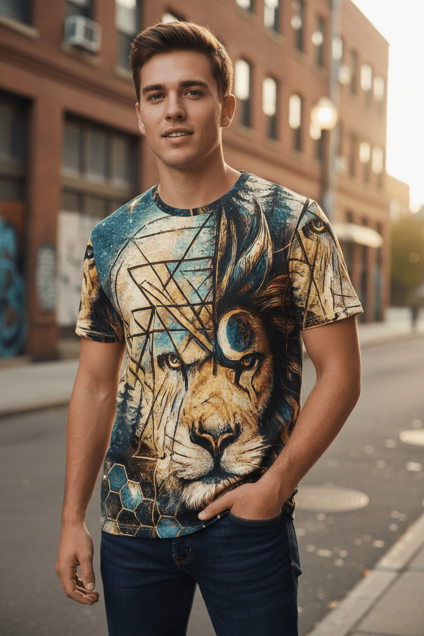 Lion Geometry Tee — Mystical Wildlife All - Over Print T-ShirtEmber Spirit Apparel