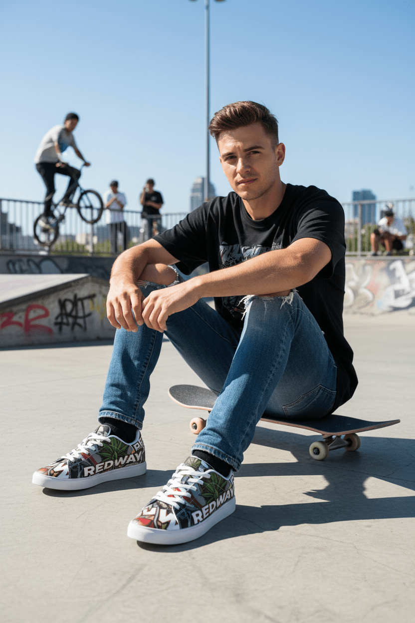 Low-Top Sneakers — Bold 'REDWAY' Graphic Leather ShoesEmber Spirit Apparel