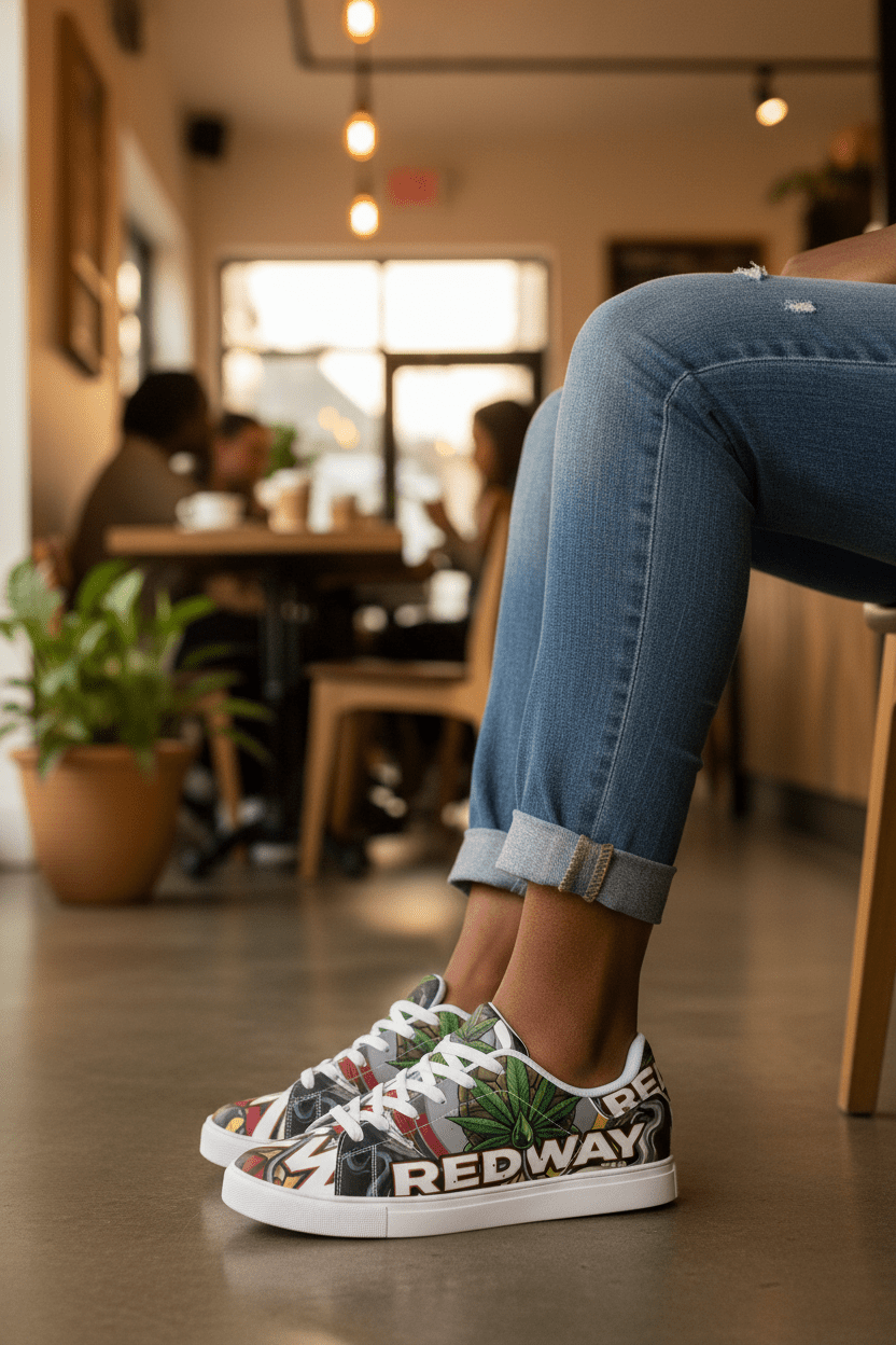 Low-Top Sneakers — Bold 'REDWAY' Graphic Leather ShoesEmber Spirit Apparel