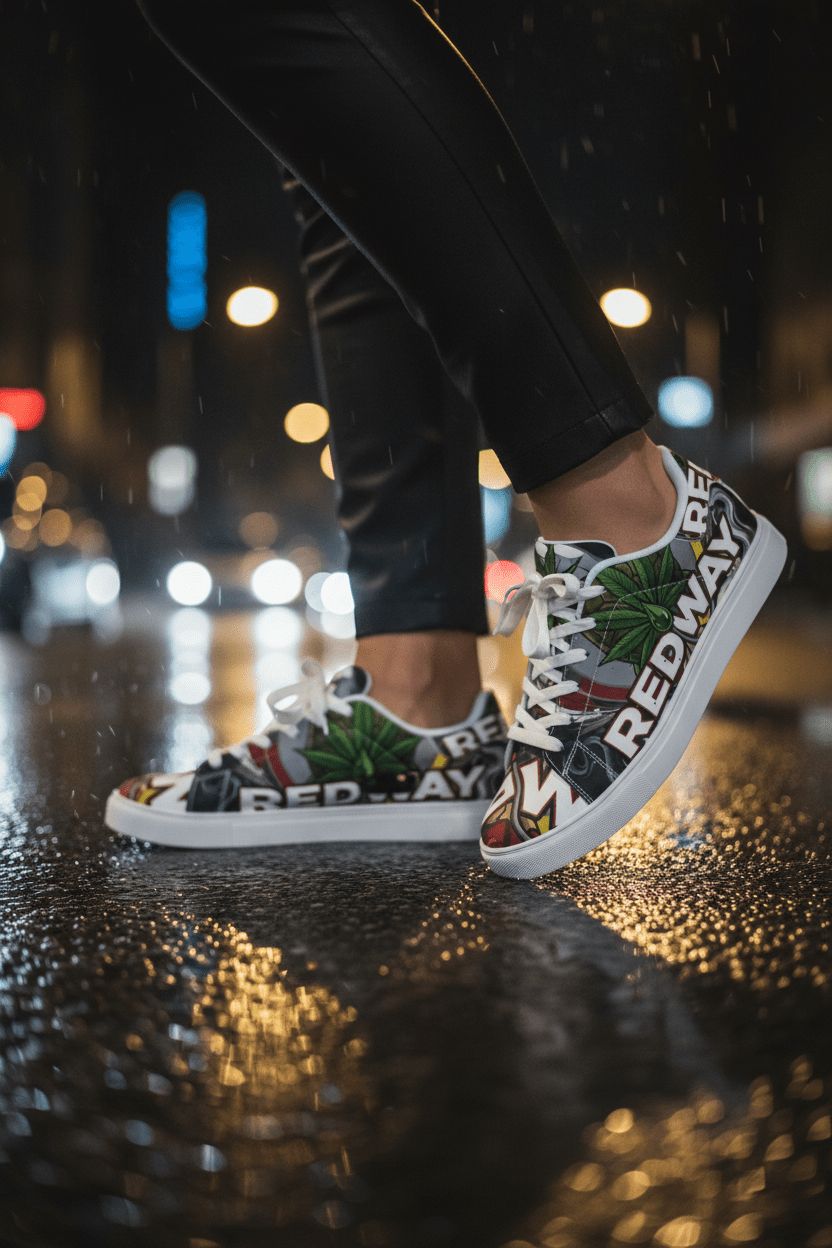 Low-Top Sneakers — Bold 'REDWAY' Graphic Leather ShoesEmber Spirit Apparel