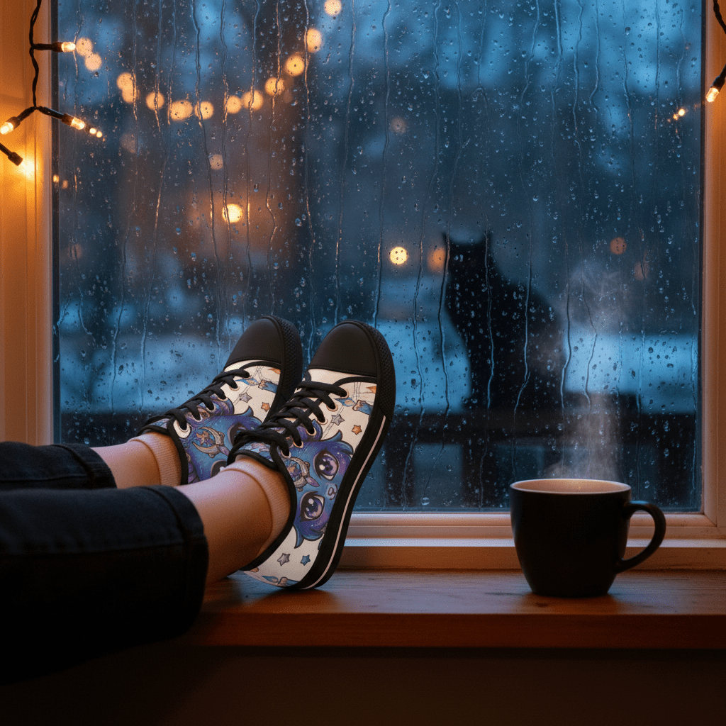 Low Top Sneakers — Mystical Cute Goth Purple Cat with Stars & CandlesEmber Spirit Apparel