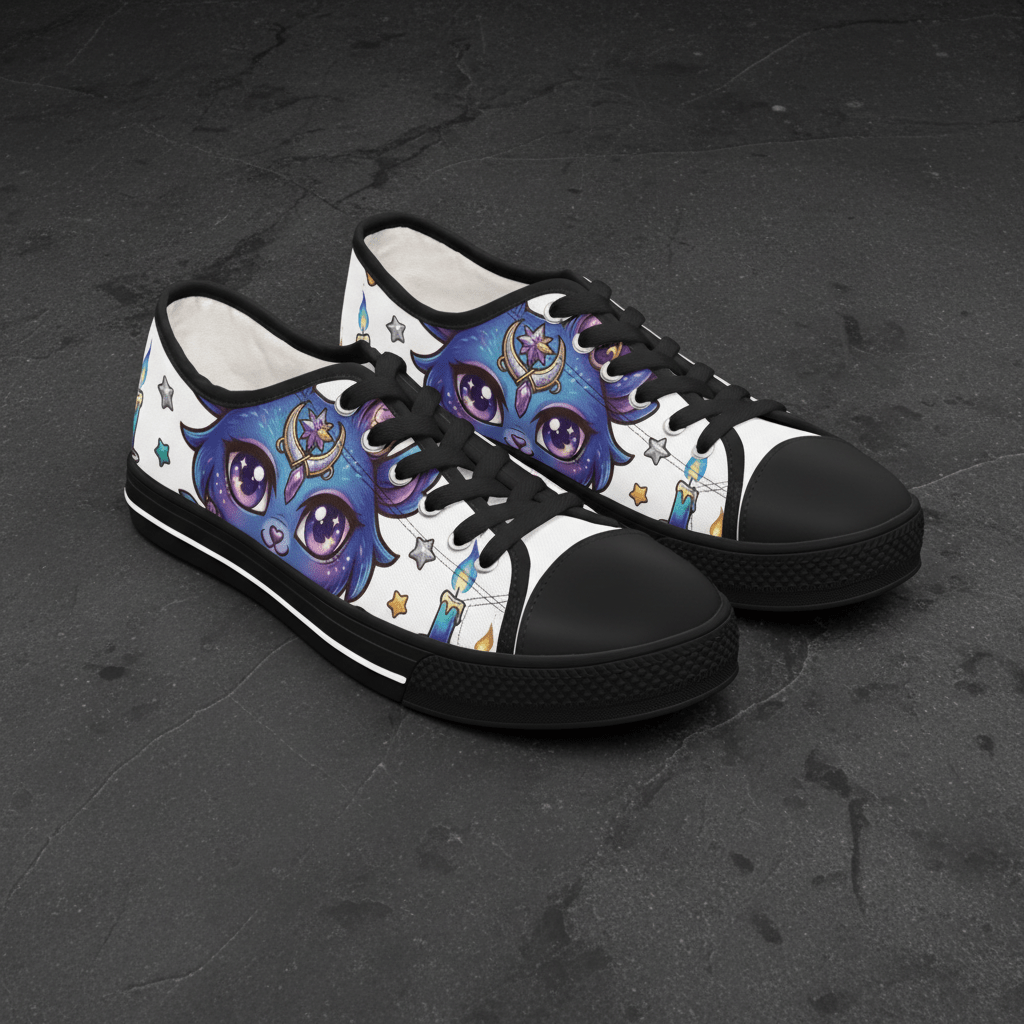 Low Top Sneakers — Mystical Cute Goth Purple Cat with Stars & CandlesEmber Spirit Apparel