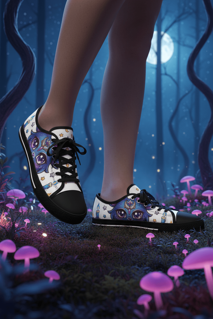 Low Top Sneakers — Mystical Cute Goth Purple Cat with Stars & CandlesEmber Spirit Apparel